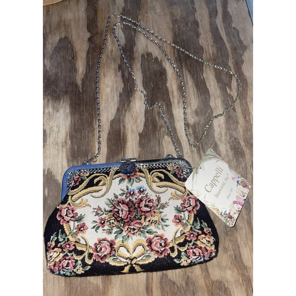Vintage Floral Tapestry Handbag Purse Metal Frame w/Gold Tone Chain Strap NWT